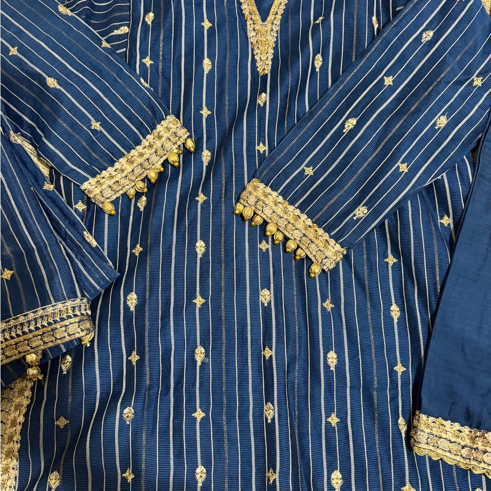 Blue and Gold Dress Shirt with Decorative Trim